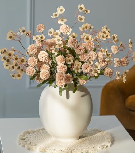 HyeFlora Faux Silk Pompon Mums Artificial Flowers for Vase Kiku Stems & Eucalyptus Floral Arrangement Dried Flowers Vintage Decorative Aesthetic for Home Vase Decor - color: 14pcs-beige Wax&kiku