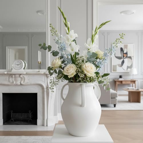 hjn Extra Large Floor Vase for Dried Pampas Grass & Fresh Flowers, Nordic Matte White Ceramic Vase, Farmhouse Statement Piece for Living Room Entryway Corner-Large (11D''x12 H) - size: D11xH12 inch