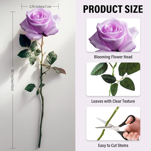 20PCS Artificial Roses with Long Stems - Realistic Silk Flowers, Fake Roses Real Touch Bouquet of Roses for Home Decor, Bridal Wedding Party Table Centerpieces, Bulk Faux Rose Flowers (White Purple) - color: White&purple, size: 20 PCS
