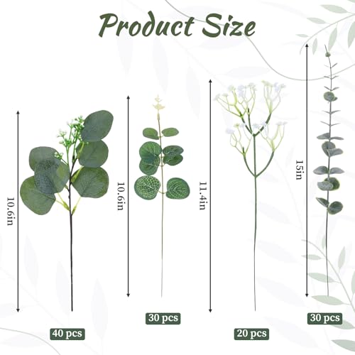 120PCS Eucalyptus Stems Bulk,4 Kinds Mixed Artificial Greenery Stems,Fake Eucalyptus Leaves for Table Centerpieces,Vase,Wedding Decorations,Bridal Bouquet,Home Decor - size: 12PCS