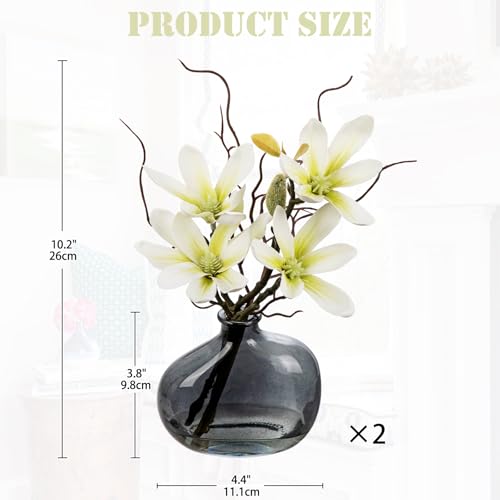 Briful 2PACK Artificial Magnolia Flowers with Grey Glass Vase, Small Faux Magnolia Arrangement Realistic Silk Flowers for Elegant Home Table Shelf Bathroom Decor - color: Yellow Green
