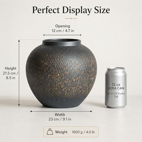 Black Ceramic Vase for Decor, 8.5 Inch Round Textured Flower Vase with Wide Mouth, Rustic Modern Home Decor Accent for Living Room, Shelf, Mantel, Entryway, Table Centerpiece - color: Black and Brown, size: 8.3in