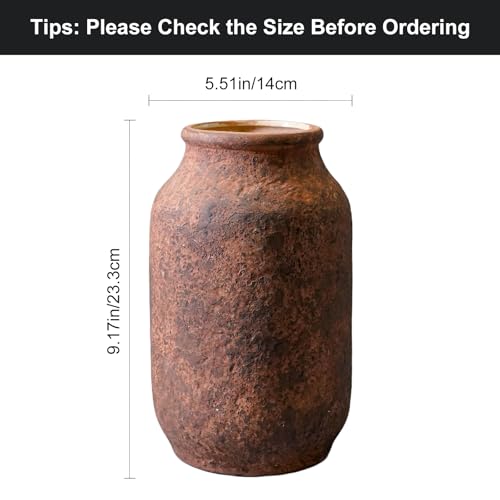 Terracotta Vase, Large Rustic Ceramic Vase, Farmhouse Decor for Living Room, Shelf, Mantle, Entryway, Room Decor, 9 Inch, Brown - color: Rustic Brown