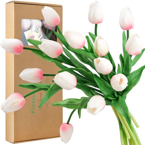 FiveSeasonStuff Real Touch Tulips Artificial Flowers – 15 Stems Faux Tulip Bouquet in Gift Box for Wedding, Home Decor, Party, Floral Arrangements (Lovable Pink) - color: #2 Lovable Pink
