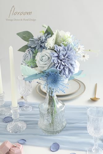 Floroom Dusty Blue Powder Blue Artificial Flowers Fake Roses Dahlias and Greenery Combo Box Set for DIY Wedding Bouquets Bridal Shower Centerpieces Floral Arrangements Party Tables Home Decorations - color: Frosted Dusty Blue