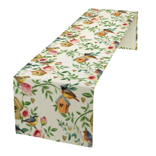 Birds Flowers Spring Table Runner,Watercolor Floral Leaves Seasonal Home Party Kitchen Dining Table Decoration 13x36 Inch - color: Bird_4, size: 13x36inch