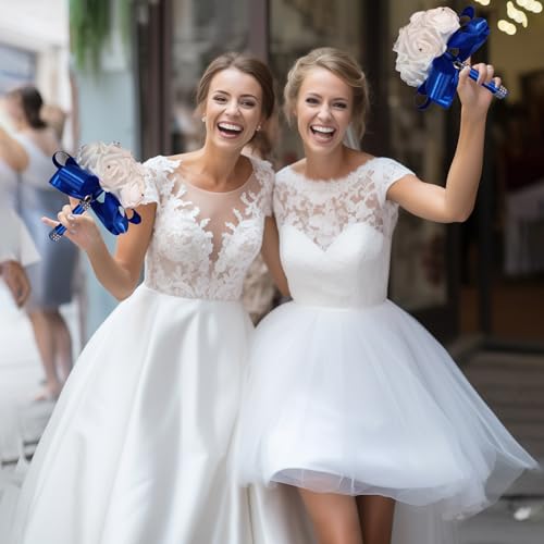 Wedding Bouquets for Bride, Bridal Flowers for Wedding, Bride Bridesmaid Hand Flowers Bridal Bouquet Crystal Diamond Silk Roses, Artificial Flowers Bouquet for Church Wedding Party (Blue) - color: Blue