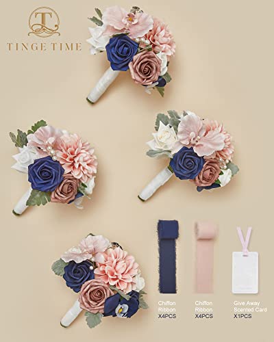 TINGE TIME 7inch Wedding Bouquets for Bridesmaid, Artificial Flowers Cascading Bridal Bouquet for Wedding (Dusty Rose & Navy Blue, Set of 4) - color: Dusty Rose & Navy Blue
