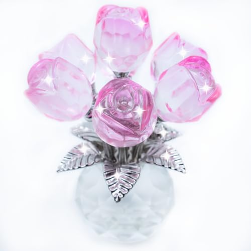 TWINKLING Crystal Roses Figurine with Round Vase, Glass Rose Crystal Flowers Bouquet, Birthday, Anniversary,Wedding, Home Décor,Silver Leaf (Pink) - color: Pink(silver Leaf)