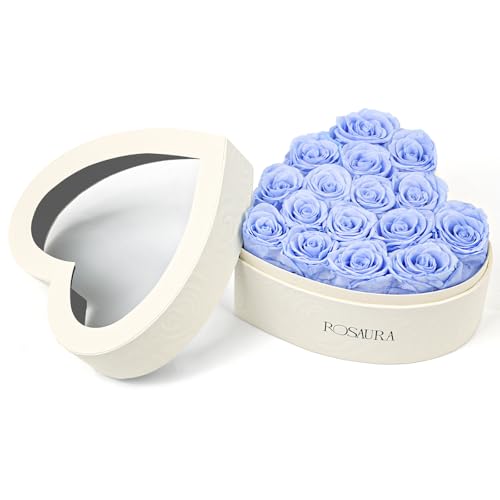 Rosaura Heart-Shaped Preserved Roses Gift Box - Real Forever Flowers for Christmas, Birthday, Valentine's & Mother's Day (Sky Blue, 16 roses) - color: Sky Blue, size: 16 roses