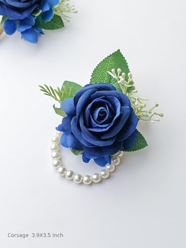 Athens Blue Rose Corsage and Boutonniere Set Wristlet Corsage for Bride Bridesmaids, Boutonniere for Groom Groomsmen Prom Wedding Flowers Accessories,Homecoming, Anniversary, Graduation (Athens Blue) - color: Athens Blue