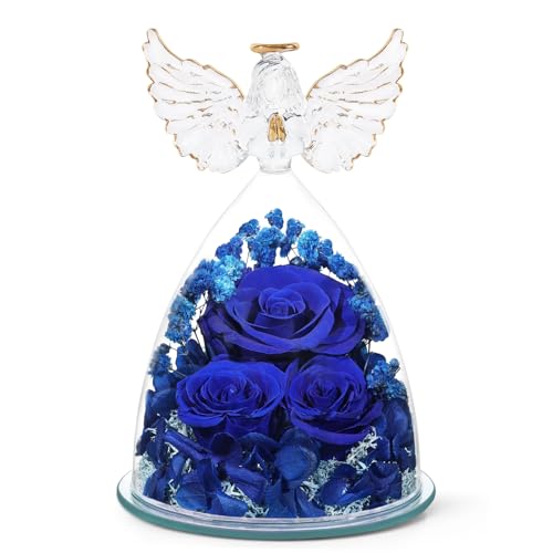 Mothers Day Flowers Gifts for Mom Flowers for Delivery Preserved Flowers Forever Real Fresh Roses in Glass Angel Figurines Birthday Gifts for Women Anniversary Present for Grandma Wife from Daughter - color: Royal Blue (Rose, Baby's Breath, Hydrangea)