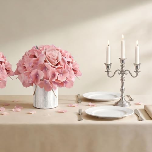 Flower Table Centerpieces - Set of 6 Floral Arrangement Artificial Wedding Hydrangeas Floral Arrangement with Rustic Metal Vase for Bridal Tea Party Event Decorations - Deep Pink - color: Deep Pink