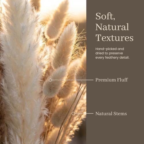 JOHOUSE 120PCS Dried Pampas Grass Set for Vase, Natural Pampas Grass Eucalyptus Stems Bunny Tails 17 inches for Boho Home Wedding Farmhouse Decor