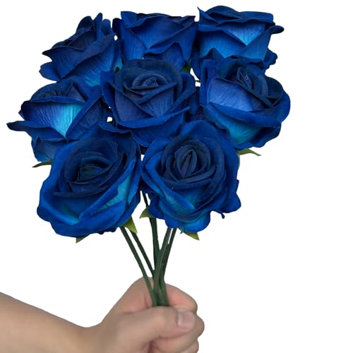 FagusHome 30 Pcs Silk Rose Artificial Flowers Roses Bulk Bouquet Fake Flowers Rose Heads with Stems for Home Wedding Decor (Dark Blue) - color: Dark Blue