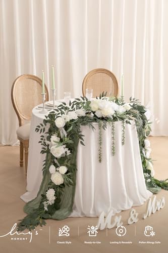 Ling's moment 9FT Spring Flower Garland for Backdrop Decorations - Wedding Arch Flowers, Eucalyptus & Rose, Artificial Floral Garland for Mantel - Sweetheart Table Decor for Reception, White & Sage - color: Wht-sage Green