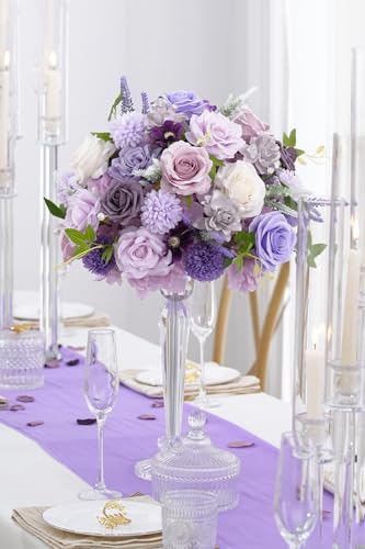 2pcs 15inch Centerpieces Table Decorations Lavender & Purple Artificial Flowers Roses Balls for Wedding Centerpiece Party Bouquet Faux Floral Arrangement (Without Stand) - color: 2pcs 15'' Purple
