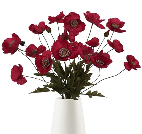 IPOPU Red Poppy Flowers 6pcs Artificial Poppies Faux Vintage Silk Flower Arrangements for Wedding Centerpieces, Home Table, Bridal Shower Party Decorations - color: Red