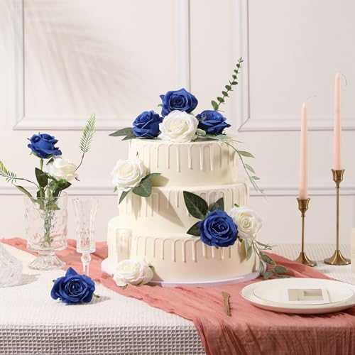 Tifuly Royal Blue Roses Artificial Flowers -12 pcs Realistic Single Long Stem Fake Silk Roses Bouquet for Party Home Wedding Centerpiece Office DIY Decor - color: Royal Blue