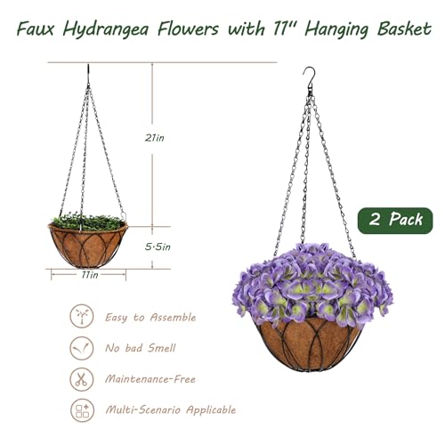 bellacat Real Touch Faux Hydrangea Flowers with 11" Hanging Basket, Fake Hanging Hydrangea Flowers with Realistic Flowers, Artificial Hanging Flowers for Outdoors Porch Patio Balcony (Purple, 2Pack) - color: Purple