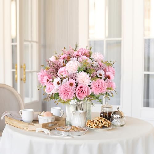 Dremisland Artificial Flowers Like Real Artificial Bouquet 4 Packs Silk Artificial Roses Bouquet with Daisy Chrysanthemum Pink Flowers for Valentines Day Centerpiece Table Wedding Party Decor - color: Pink, size: 4PCS