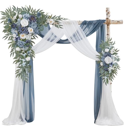 Wedding Arch Flowers with Drapes Kit (Pack of 4) - 2pcs Artificial Dusty Blue Deluxe Swag with 2pcs Sheer Drapes for Wedding Ceremony Arbor Reception Backdrop Rose Floral Decoration - color: Dusty Blue