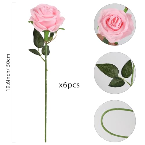 IPOPU 6PCS Pink Silk Lop-Sided Rose Artificial Flower with Long Stem Fake Leaf Roses, Artificial Long Stem Fake Roses Suitable for DIY Wedding, Home Decoration and Outdoor Party. - color: Pink