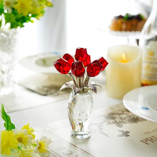 H&D HYALINE & DORA Crystal Rose Flower Figurine,Glass Flower Bouquet Ornament,Glass Rose Gift for Christmas Mother's Day Valentine's Wedding Party - color: Red 1