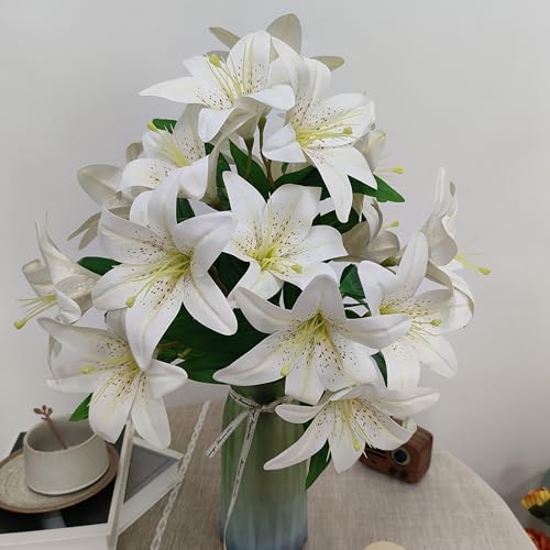 Artificial Ivory White Lilies Flowers,10Pcs Faux Lily Flower,20''Tiger Lily Branch with 2 Full Blooms, Faux Fake Lilies Plants for Wedding Bouquet Home Party Indoor Floral Arrangements - color: Ivory White