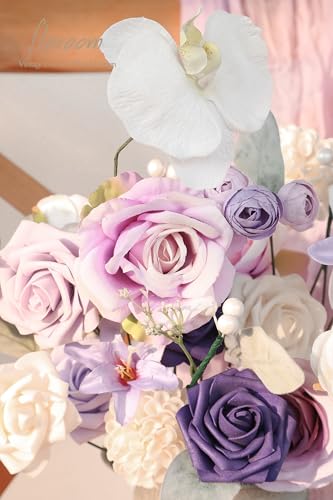 Floroom Lilac Lavender Purple Cream Artificial Flowers Fake Roses Dahlias and Greenery Combo Box Set for DIY Wedding Bouquets Bridal Shower Centerpieces Floral Arrangements Party Tables Decorations - color: Celestial Dream Lavender
