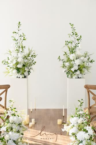 Ling's moment 36" Free-Standing Wedding Aisle Artificial Flowers for Ceremony Decor, 2PCS White Walkway Floral Chair Markers, Faux Rose Altar Arch Arrangement Spring Decorations Outdoor - color: Wht-white & Lily & Olive