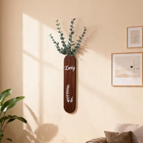 Woration 1PC Hanging Wooden Artificial Eucalyptus Leaves Stem Wall Decoration Brown Wood Vase Planter with Fake Greenery Branches for Home Office Wedding Christmas Decor | Wood Vase Planter, Fake Greenery Branches, Home Office Wedding Christmas Decor, 1PC