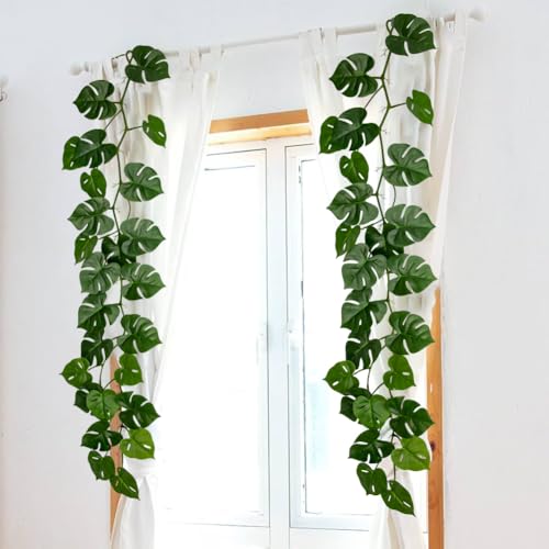2Pcs Artificial Monstera Leaves Vines 4ft Fake Hanging Plant Ivy Vines Greenery Garland Faux Tropical Vine Decor for Wall Jungle Luau Beach Birthday Party Indoor Outdoor Home Décor - color: Monstera#style 2