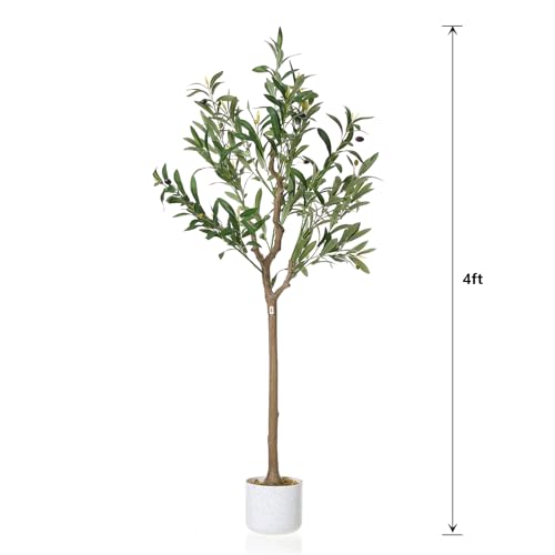 GarveeHome 4FT Faux Olive Tree, Indoor Artificial Potted Olive Tree with White Planter, Lifelike 14 Fruits and Realistic Leaves, Modern Fake Tree for Home House Office Patio Decor Gift ﻿ ﻿
