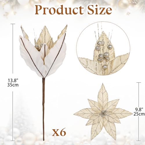 Briful 6 Pack Champagne Glitter Christmas Poinsettia Picks, 13.8'' Artificial Floral Stems with Gold Edges & Sparkle Beads, 9.8'' Blossom Holiday Flower Picks for Tree, Wreath, Table Centerpiece Decor - color: Champagne#354, size: 12'' POINSETTIA / 6PCS