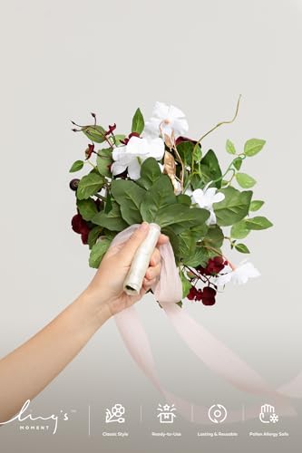 Ling's moment Artificial Bridesmaid Bouquets Set of 6,Burgundy Wedding Flower Bouquets Pink Floral Bouquet Mashala Bridal Bouquets with Ribbon,Ceremony,Anniversary,7-inch Diameter - color: Pk-marsala & Cream