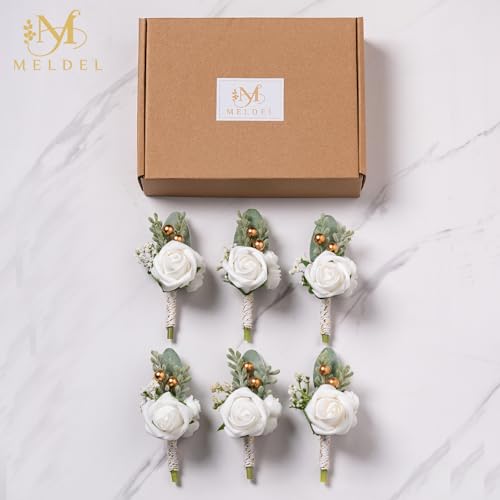 White Rose Boutonniere for Men, Faux Foam Flower for Wedding 6Pcs | Fake Foam Rose Boutonnieres for Wedding Prom Groom and Groomsman Ceremony Anniversary Party Homecoming - color: 6pcs White Boutonniere