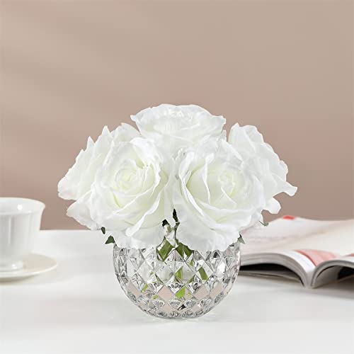 7 Large Stem Rose Artificial Flowers in Vase, Silk Flowers Arrangement in Round Glass Vase Without Water for Home Decor, Wedding Table (Cream) - color: White W/O Water