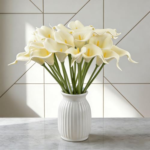 Calla Lily Bridal Wedding Festival Decor Bouquet Real Touch Latex Flower Bouquet Pack of 20 (Off-White) - color: Off-white