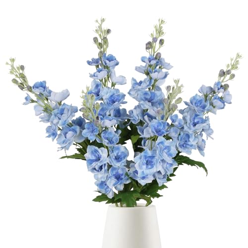 Blue Silk Flowers 6PCS Real Touch Delphinium Artificial Flowers Blue Larkspur Faux Flowers Realistic Tall Flowers for Vase Wedding Centerpieces for Tables Home Decor (Blue) - color: Real Touch Blue
