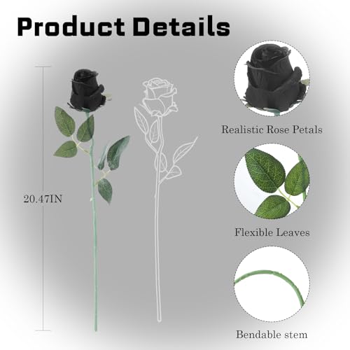 12Pcs Realistic Fake Roses Faux Flowers with Long Stems, Artificial Silk Rose Flowers for Valentines Day Home Wedding Decor Bridal Bouquet (Black) - color: Black