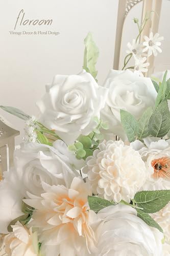 Floroom Cream White Artificial Flowers Fake Roses Dahlias Peonies Poppies and Greenery Combo Box Set for DIY Wedding Bouquets Bridal Shower Centerpieces Floral Arrangements Party Tables Decorations - color: Ethereal Cream & White