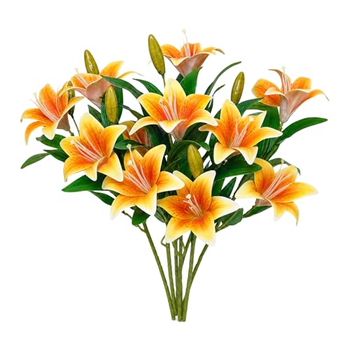 ATFL Artificial Lilies Flowers,9 Pcs Faux Lily Flowers,16''Tiger Lily Branches with 2 Full Blooms and 1 Bud,Faux Fake Lilies Plants for Wedding Bouquet Floral Arrangements (9, deep Orange) - color: Deep Orange