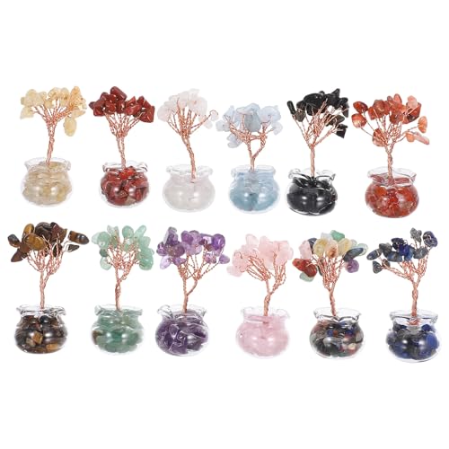 12Pcs Mini Crystal Money Tree Set for Desk Feng Shui Ornament with Crystal Stones Chinese Wealth Tree Desktop Decor for Home Office New Year Gift