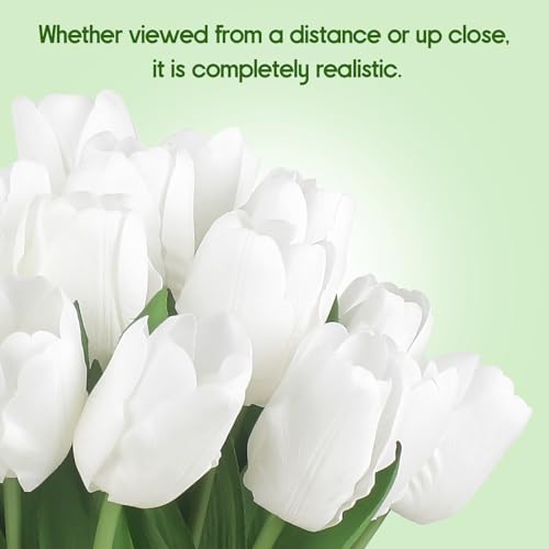 Artificial Tulips - 20 Stems Real Touch Realistic Fake Tulip Flowers, Premium Silk Feel, UV-Resistant, Anti-Fade, Waterproof Lifelike Faux Tulips for Home Decor, Wedding, Party, DIY (White) - color: White