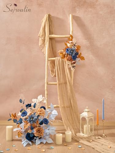 Serwalin Fall Flowers Artificial, Terracotta Orange Rose Silk Flowers with Stems, Navy Blue Dahlia Fake Flowers for Wedding Bridal Baby Shower Party DIY Craft Home Cake Decoration - color: Blue & Orange Terracotta, size: Square