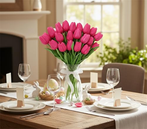 Fuchsia Artificial Tulips Real Touch Fake Flowers, 20 Pcs PU Faux Tulips 13.5", Realistic Tulip Bouquet for Wedding Centerpiece Spring Home Kitchen Dining Table Vase Decoration Easter Decor - color: Fuchsia
