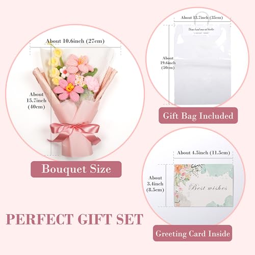 Crochet Flower Bouquet, Handmade Knitted Tulip Faux Crochet Flowers for Home Decor Valentine’s Day Anniversary Weddings Birthdays Mother’s Day, Includes Gift Bag and Greeting Card (Pink) - color: Pink
