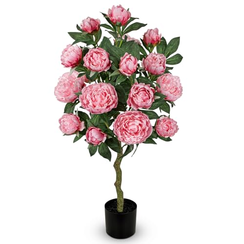 Hollyone Pink Fake Peonies Tree 3FT Peonies Artificial Flowers Tree in Pot Faux Peony Plants & Flowers in Planter Greenery Potted Plant Indoor Outdoor Front Door Porch Home Decor - color: 3ft - Pink
