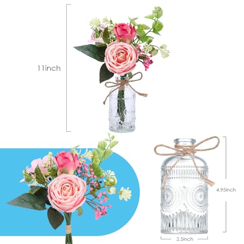 AFRITEE Flowers Bouquet in Small Vase - Pink Rose Artificial Fake Centerpiece Potted Flowers with Transparent Vase Set for House Dining Room Farmhouse Coffee Wedding Table - color: Pink Bouquet+relief Vase
